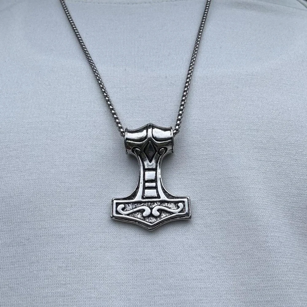 Silver Thor Hammer Mjolnir Pendant Necklace Norse Jewelry 24 Inch Chain Mens